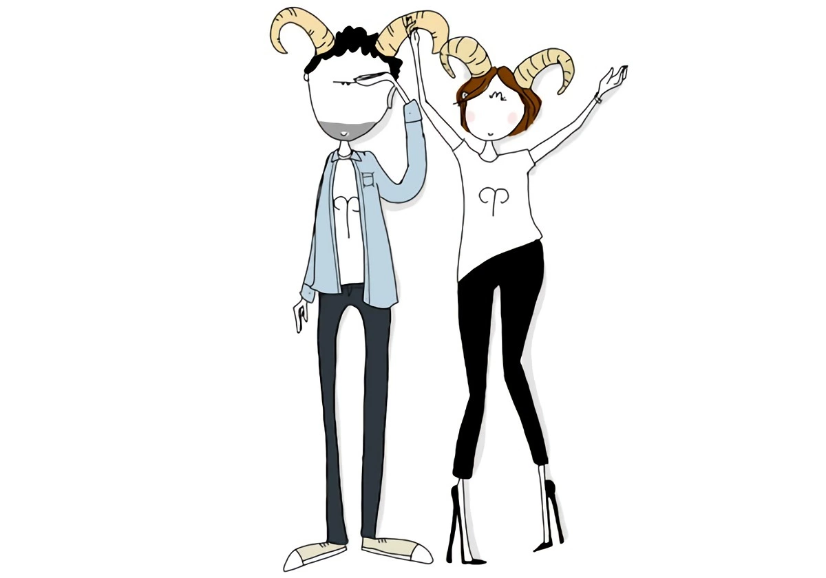 le signe du belier dans ses relations avec le dessin de deux personnes homme et femme avec des cornes sur fond blanc