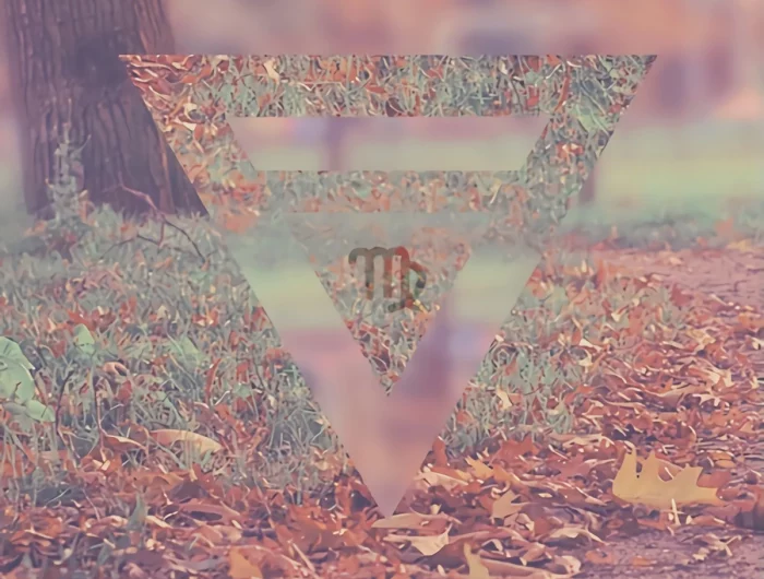 le symbole du signe astrologique de la vierge inscrit dans un triangle sur fond de feuilles mortes en automne