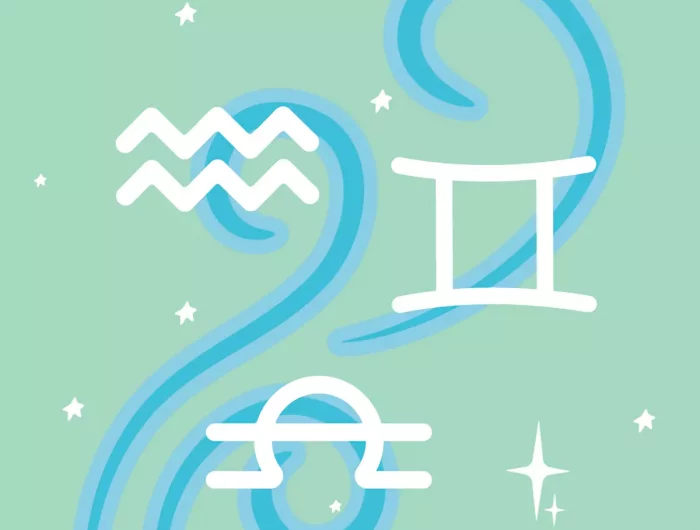 les symboles des signes gemeaux balance et verseau sur fond vert et trois trait de vagues en bleu