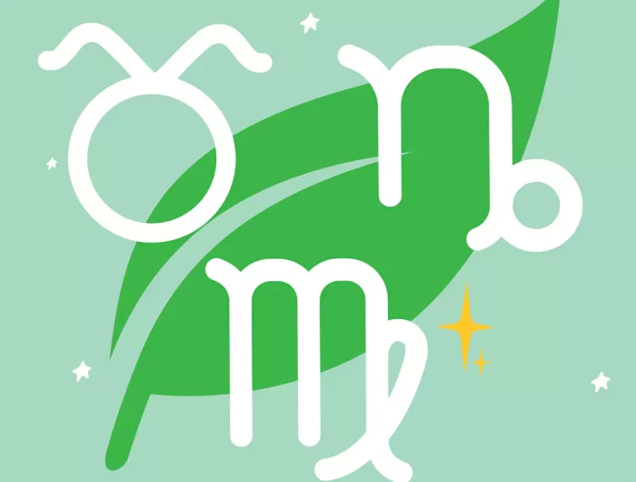 les trois symboles des signes terre du zodiaque sur fond vert et une feuille verte
