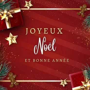 photos de noel originales fond rouge cadeaux et branches de pin texte fêtes