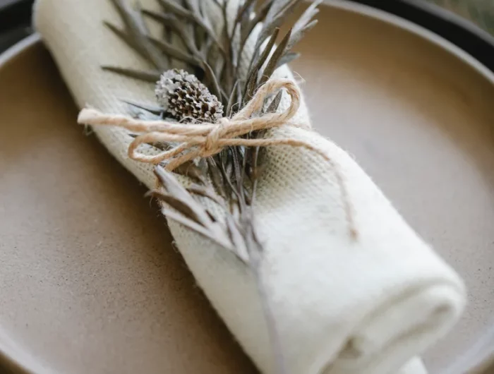 pliage serviette noel simple rustique avec branches de pin et ficelle