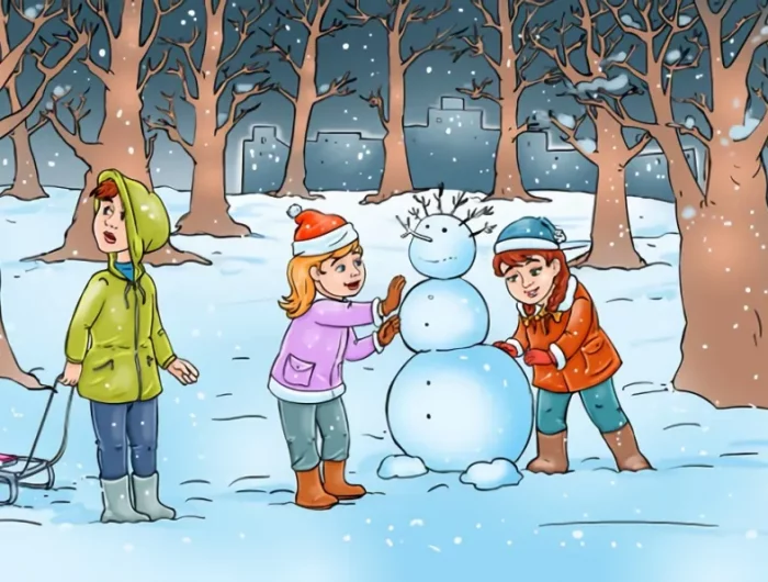 pourquoi le petit garcon est surpris a cote de deux autres enfants qui font un bonhomme de neige