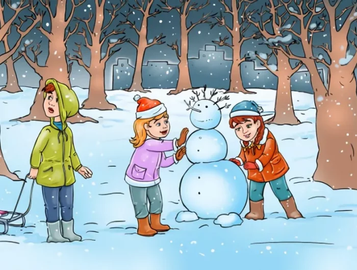 pourquoi le petit garcon est surpris a cote de deux autres enfants qui font un bonhomme de neige avec une ellipse bleue pour surligner la reponse