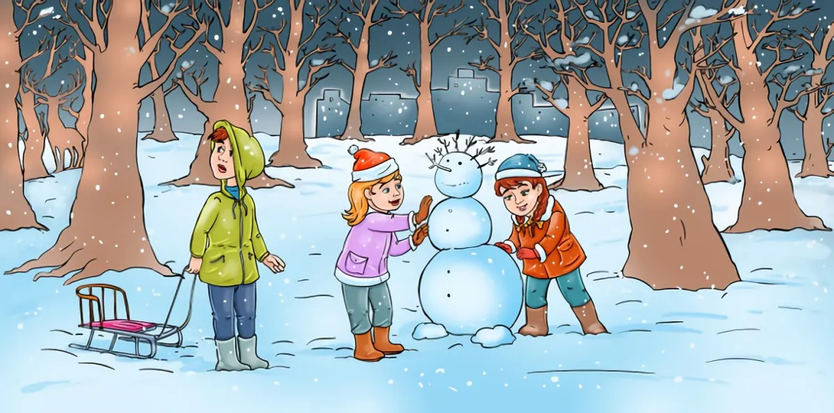 pourquoi le petit garcon est surpris a cote de deux autres enfants qui font un bonhomme de neige