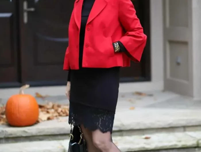 robe pour noel femme noir avec dentelle et veste rouge de noel