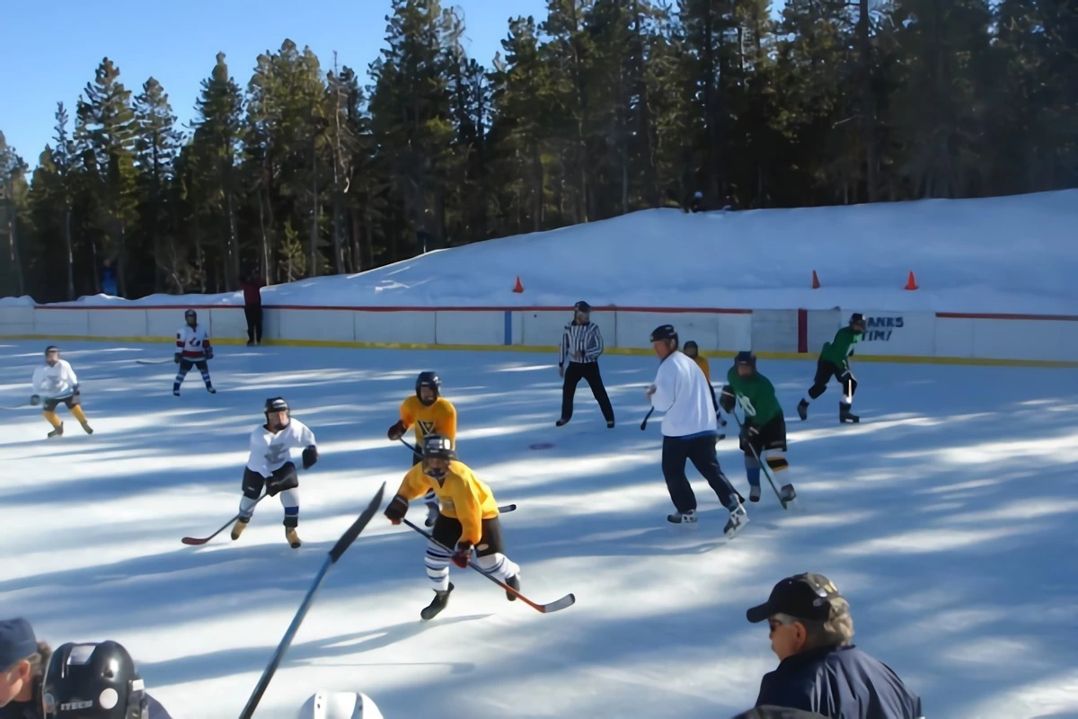 sport collectif sur glace avec des joueurs équipés en blanc jaune et vert jouant du hockey