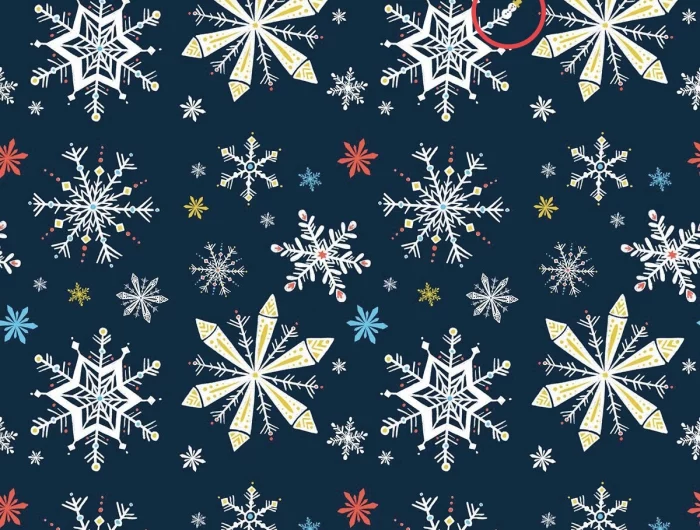 un bonhomme de neige est sur cette image de flocons de neige sur fond bleu foncé et surligne de cercle rouge