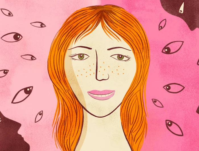 un dessin qui montre une femme regardee par des silhouettes sur un fond rose avec des yeux partout