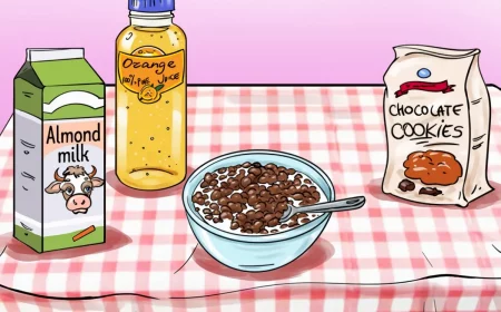 un petit dejeuner sur une table avec une nappe a careaux rouge et blanc avec un bol plein avec du lait et des cookies de chocolat
