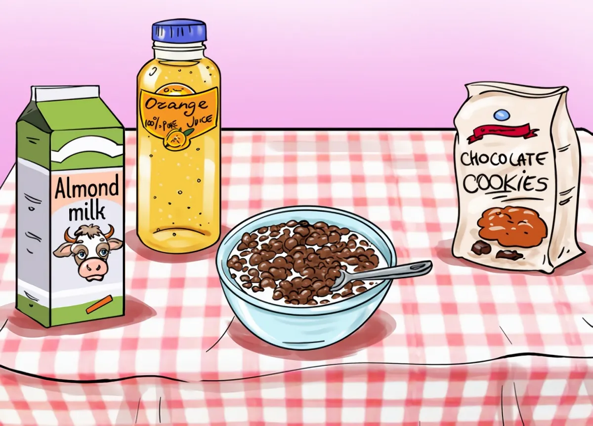 un petit dejeuner sur une table avec une nappe a careaux rouge et blanc avec un bol plein avec du lait et des cookies de chocolat