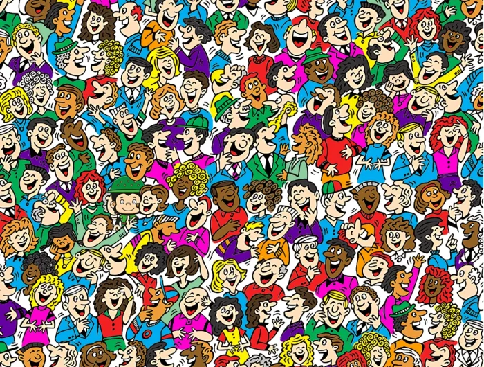 un singe se trouve parmi la foule tres coloree de gens qui rigolent