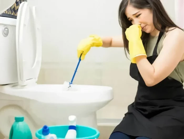 astuces de grand mère pour se débarrasser des mauvaises odeurs de canalisation femme se serre le nez aux toilettes