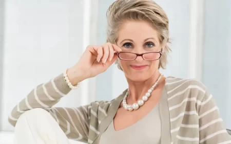 les meilleures coiffures de 2023 pour dames après 60 ans avec des lunettes femme aux lunettes gilet beige