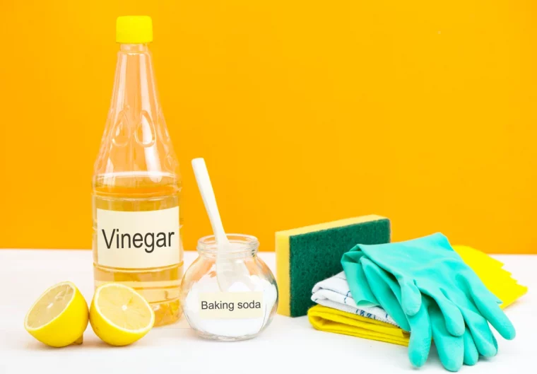 bicarbonate de soude vinaigre citron gants et eponge netooyage des wc fond jaune