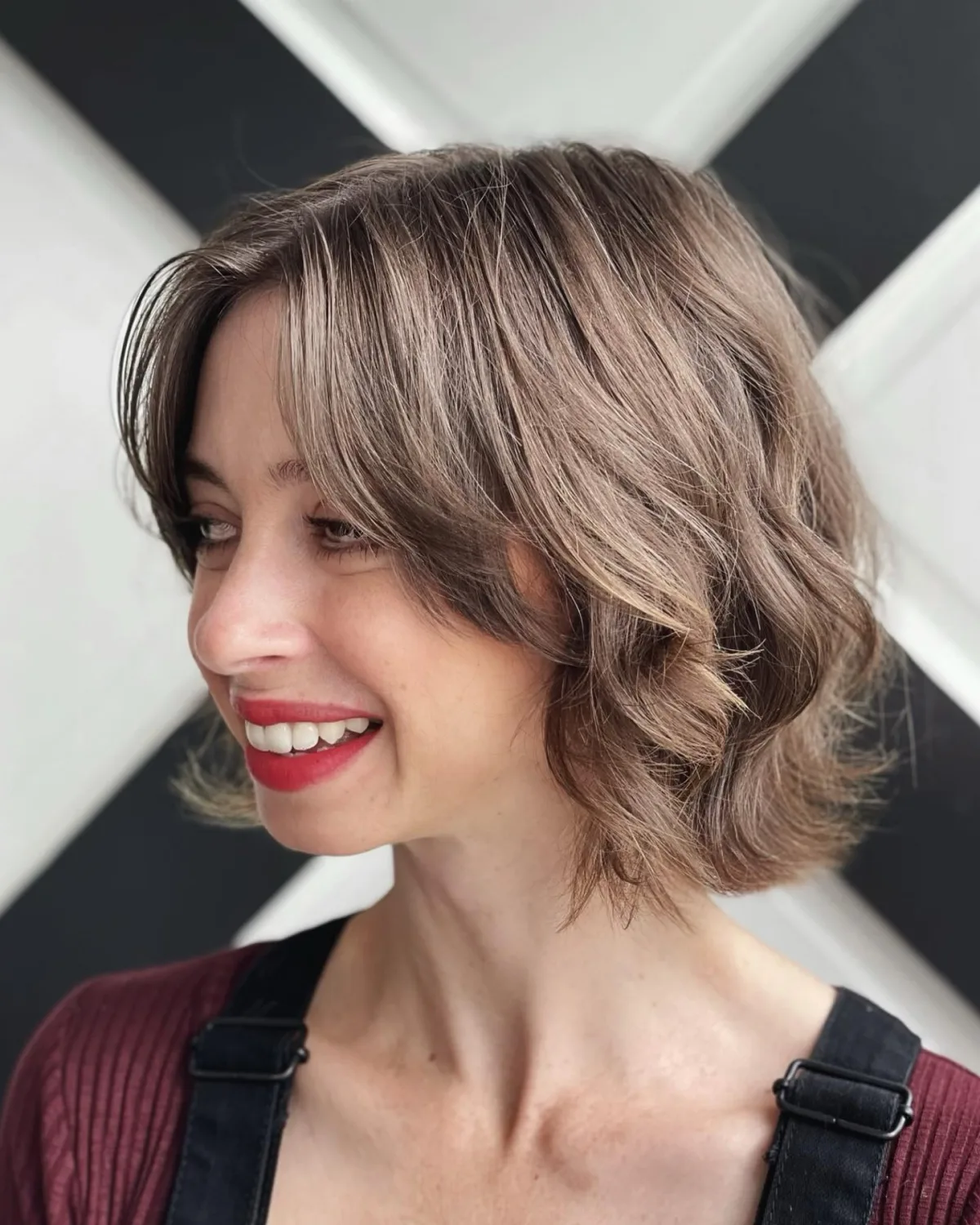 short fine square hair with curtain bangs