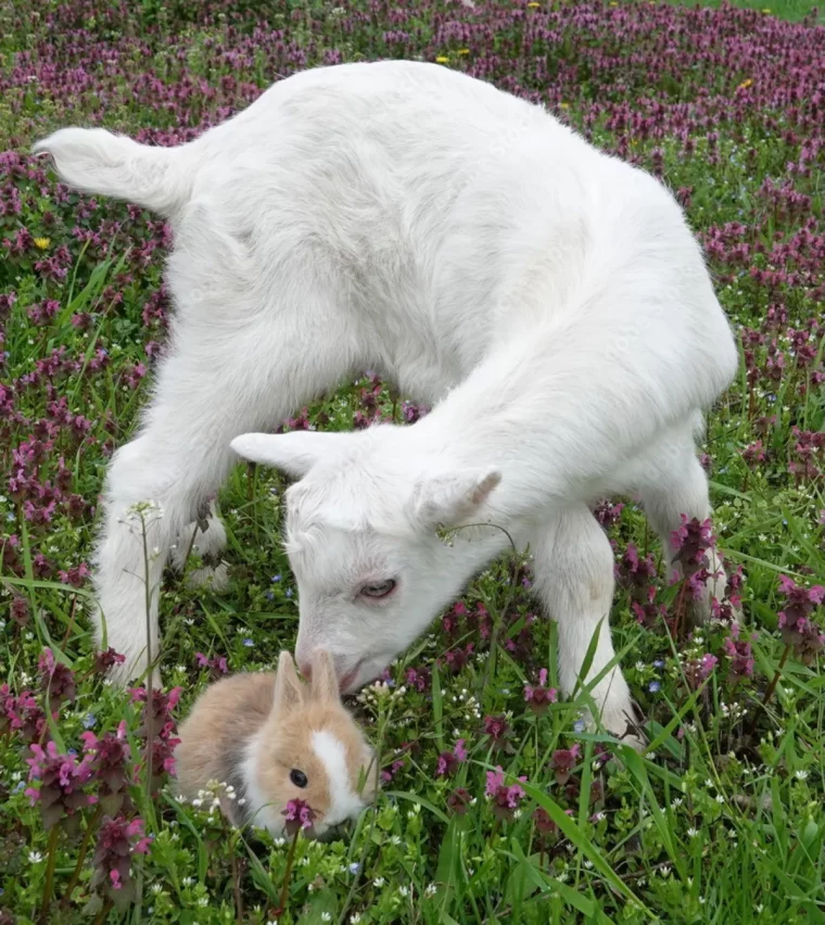chevre blanc et lapin beige mailleurs amis dans un pre fleuri