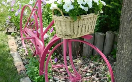 contenants originaux pour plantes velo rose avec panier plein defleurs dansun jardin