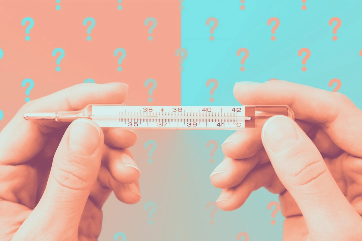 la temperature du corps humain indique sur un thermometre qui est tenu par deux mains sur fond une image avec des interrogations
