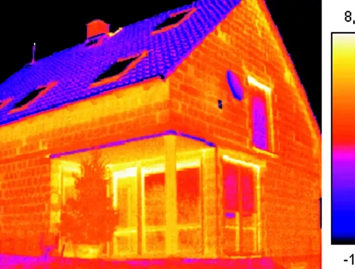 les echanges thermiques des materiaux de la maison vers un extérieur froid avec un thermometre pour désigner les temperatures en couleurs