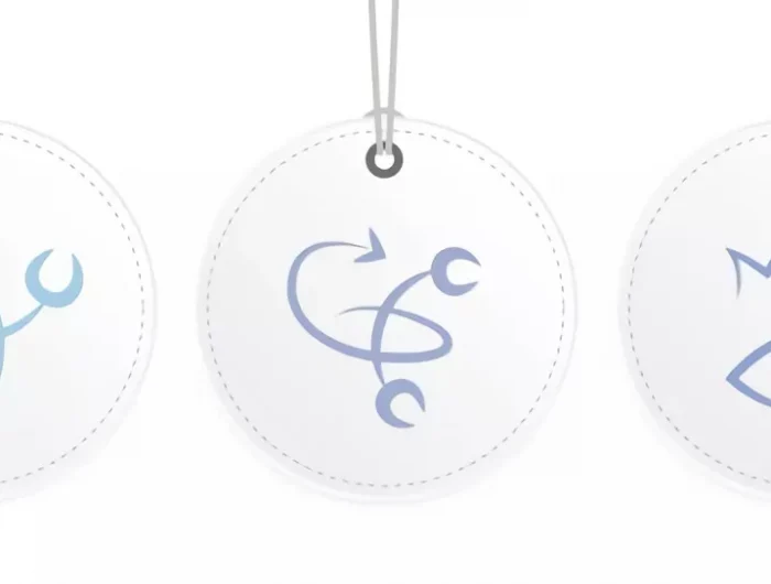 medallons blancs avec les symboles des signes caracterises par un des quatre elements eau aux traits bleu violet sur fond blanc