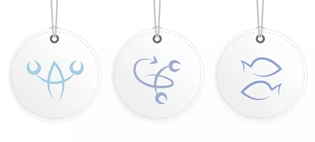 medallons blancs avec les symboles des signes caracterises par un des quatre elements eau aux traits bleu violet sur fond blanc