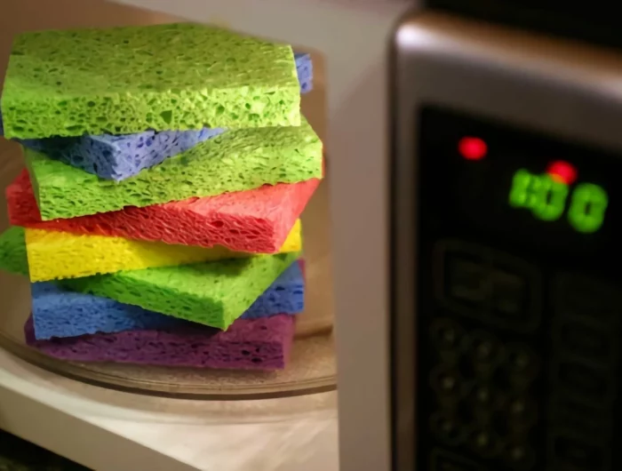 tour en eponges de differentes couleurs dans un micro ondes