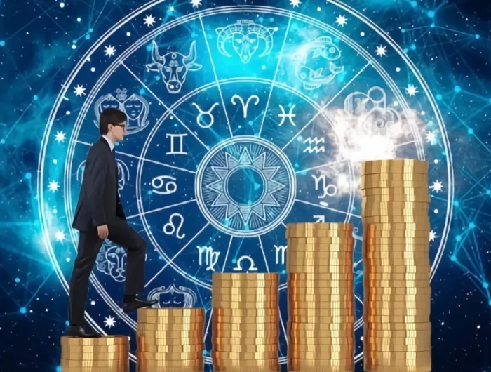 un homme qui monte des piles de monnaies en or sur fond du zodiaque et un ciel etoile