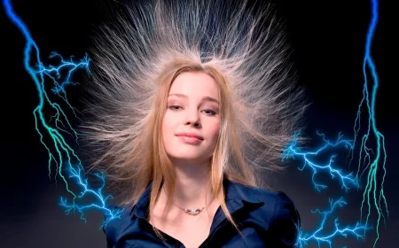 une femme a chemise bleue avec des cheveux electrique et des eclairs en fond