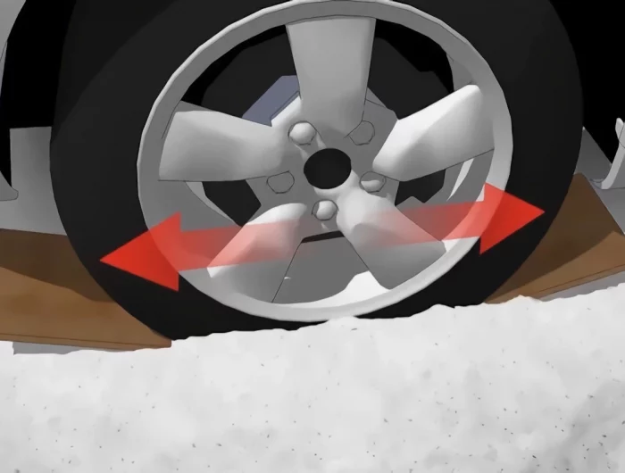 une roue avec une matiere solide devant et arriere pour la degager de la neige