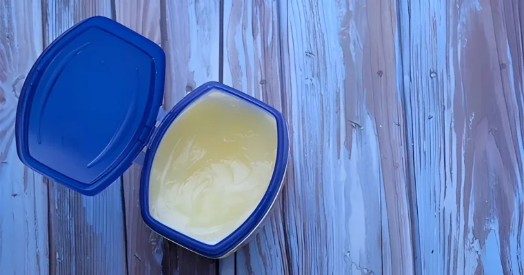 vaseline pour traiter les rayures sur le bois avec un pot a couvercle ouvert sur fond des planches en bois bleutees
