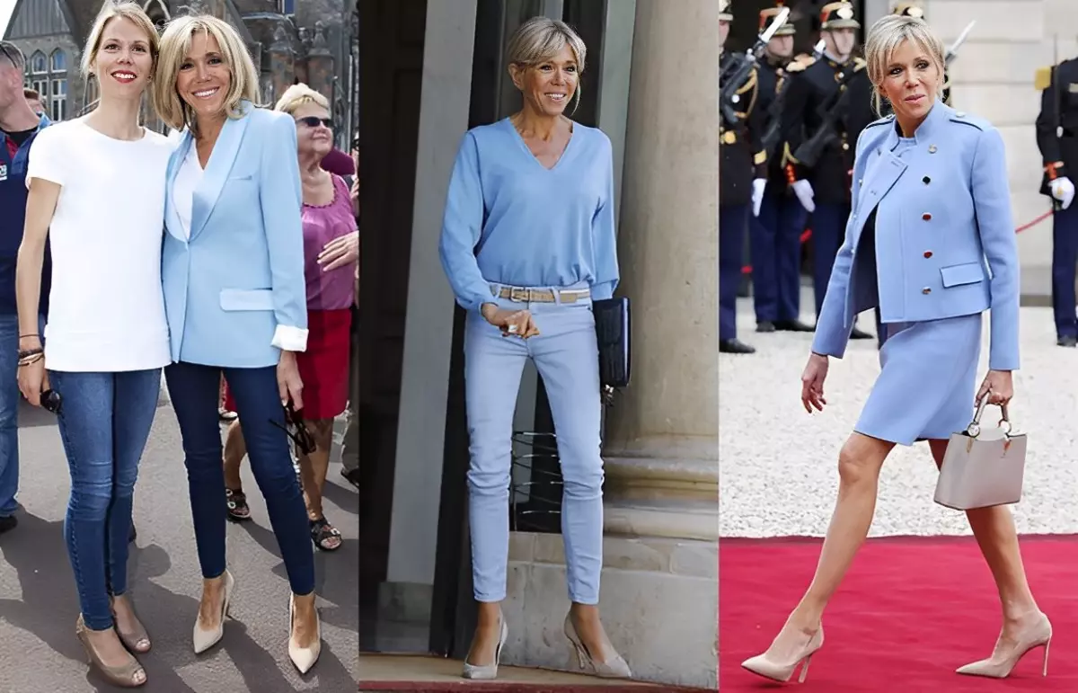 brigitte macron avec trois look en bleu ciel tailleur jupe jeans pull et veste