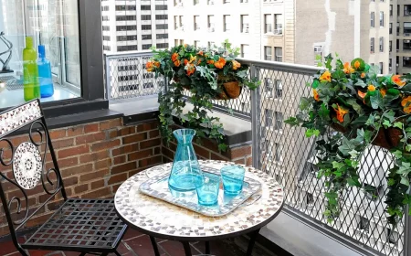 amenager un petit balcon avec des plantes balcon aux plantes et table avec service bleu
