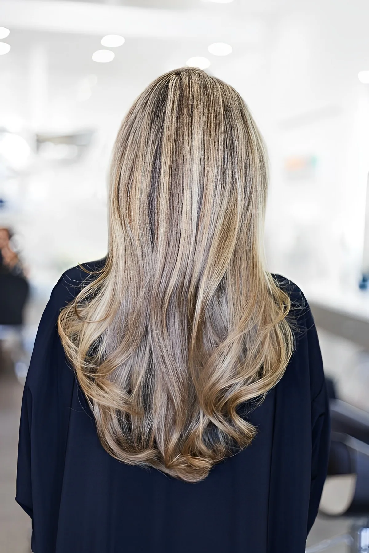 cheveux longs coloration balayage blond racines brunes femme