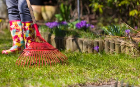 comment preparer sa pelouse pour le printemps rateau rouge bottes jardin vert