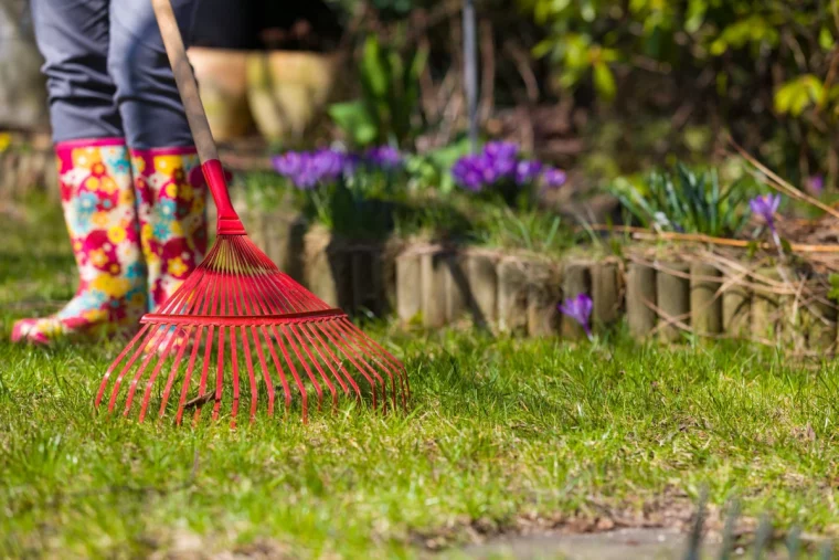 comment preparer sa pelouse pour le printemps rateau rouge bottes jardin vert