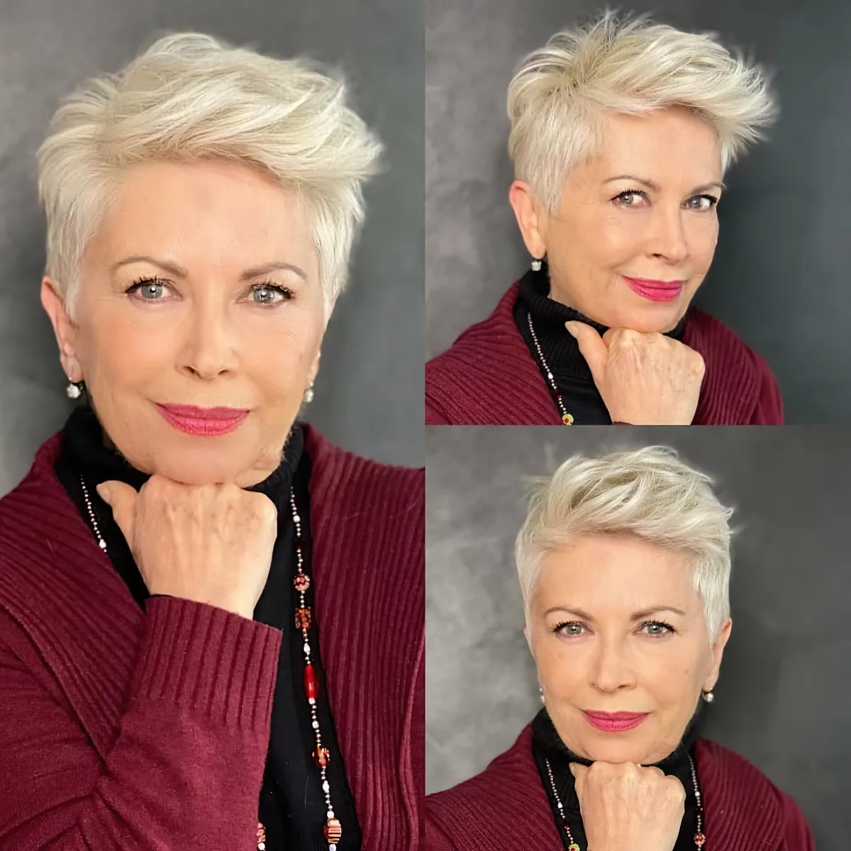 coupe courte asymetrique blond polaire pour femme de plus de 50 ans