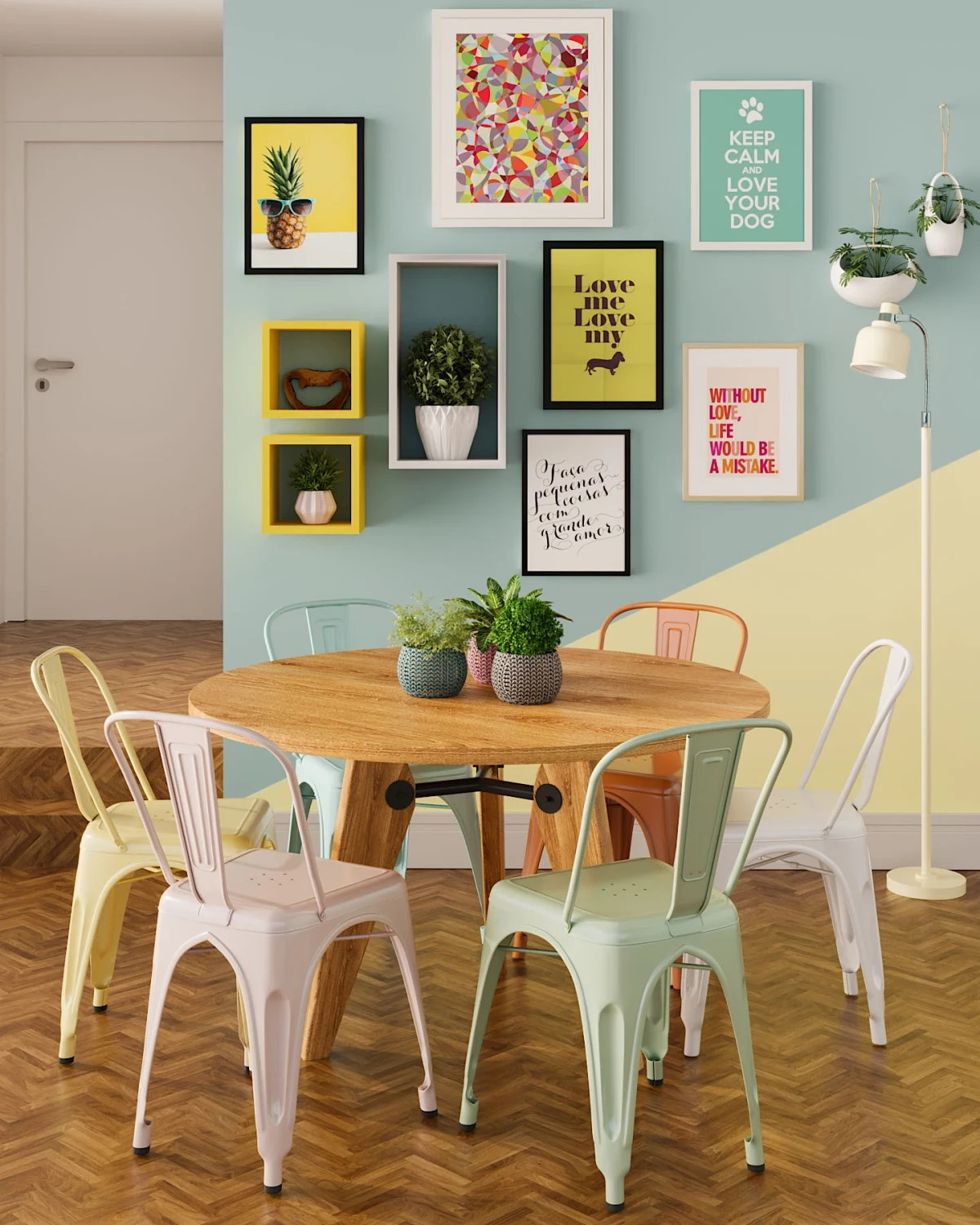 decoration couleur pastels et chaises depareillees