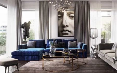 salon moderne en bleu et gris table basse en metal