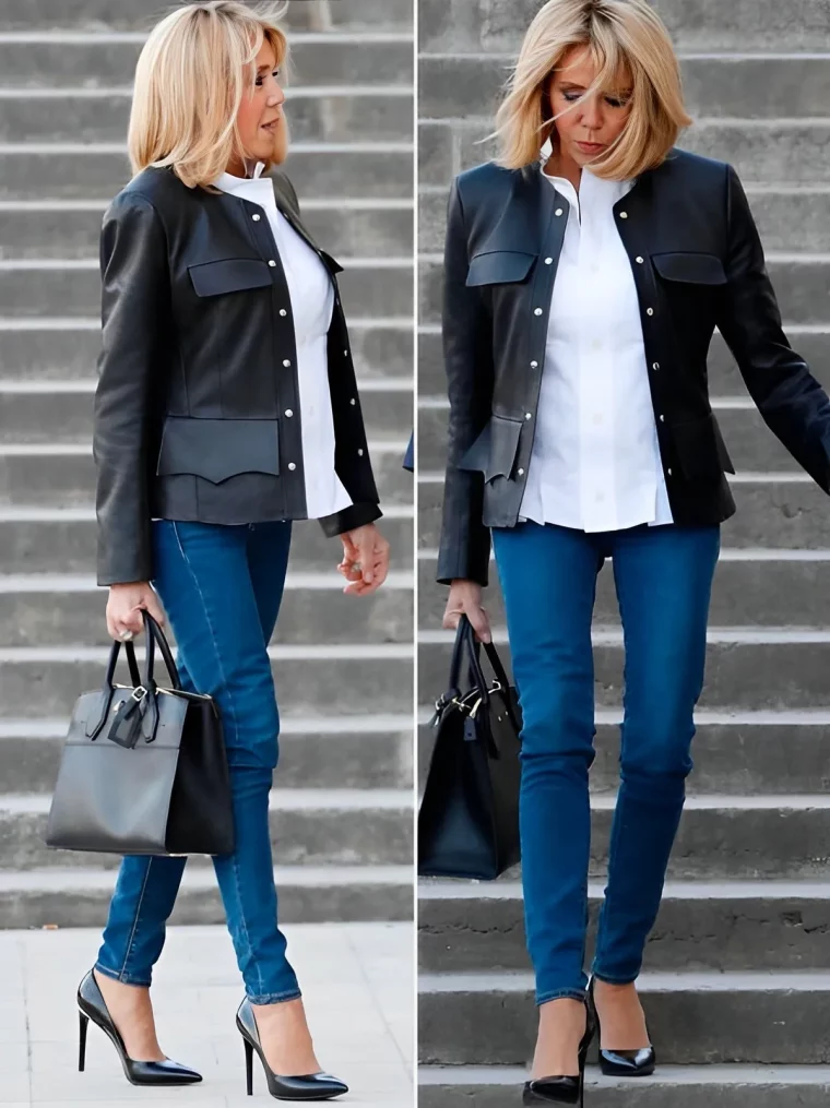 style casual smart femme jeans fonces chaussures a talons veste cuir