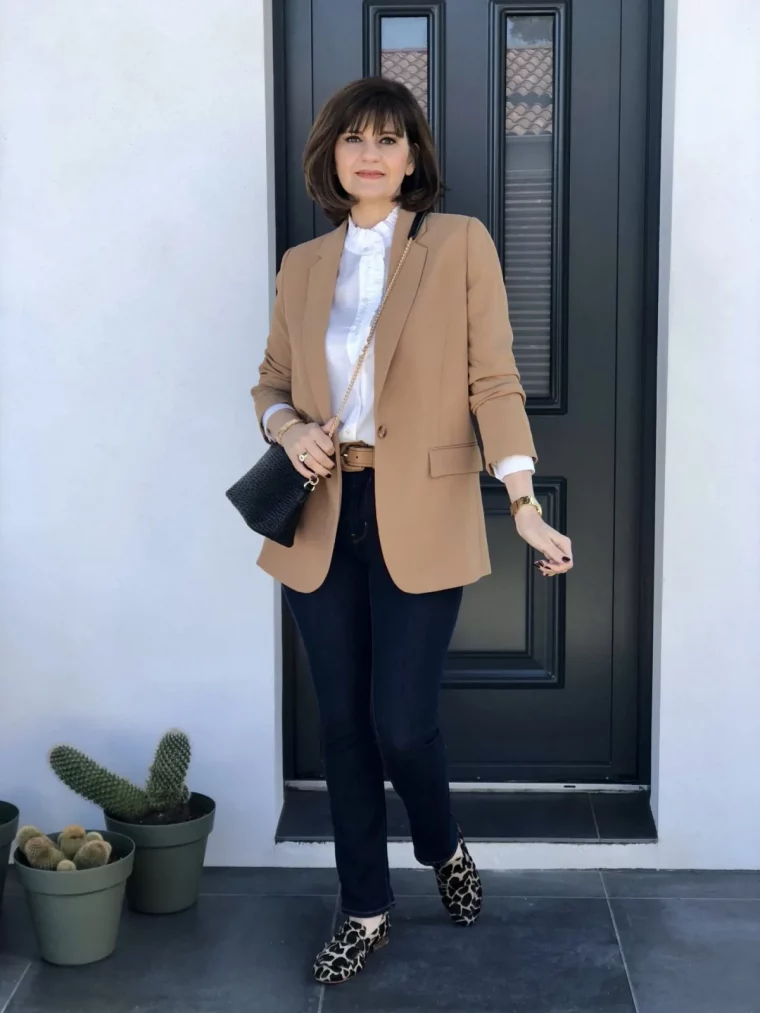 tenue elegante femme de 60 ans et plus jean noir mocassins leopard blazer beige