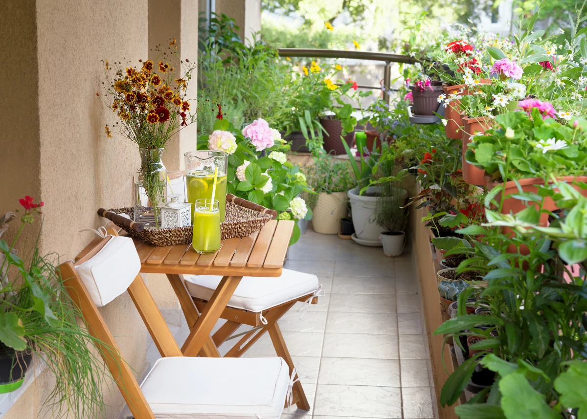 balcon avec des chaises et tables en bois mur vegetal de plantes vertes