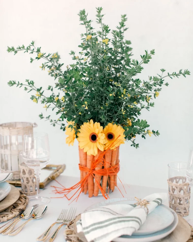 bouquet paques centre table diy carrottes branches serviettes verres
