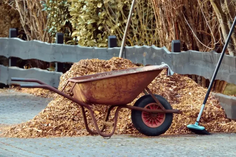 brouette et divers outils pour pailler le jardin