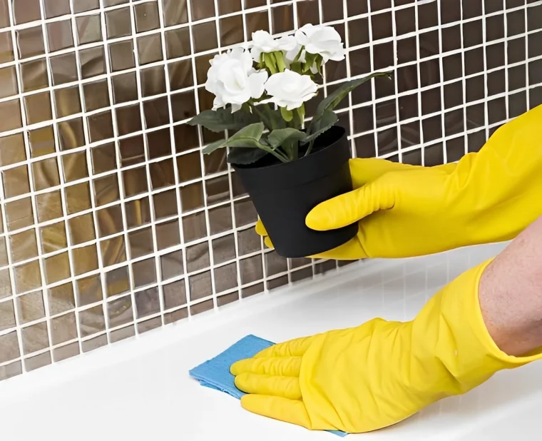 carrelage salle de bain nettoyage baignoire gants protection serviette humide pot plante artificielle