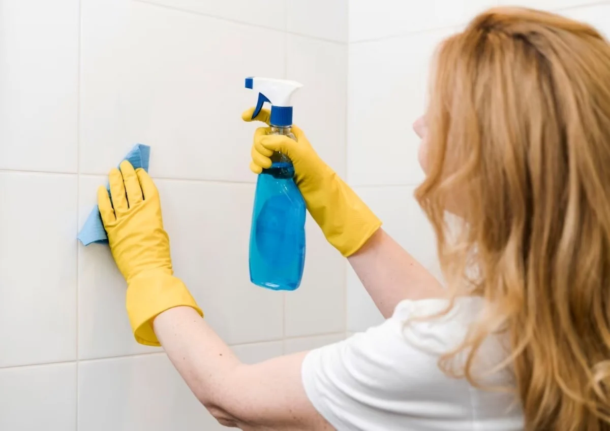 cómo limpiar las juntas de los azulejos del baño producto guantes protectores