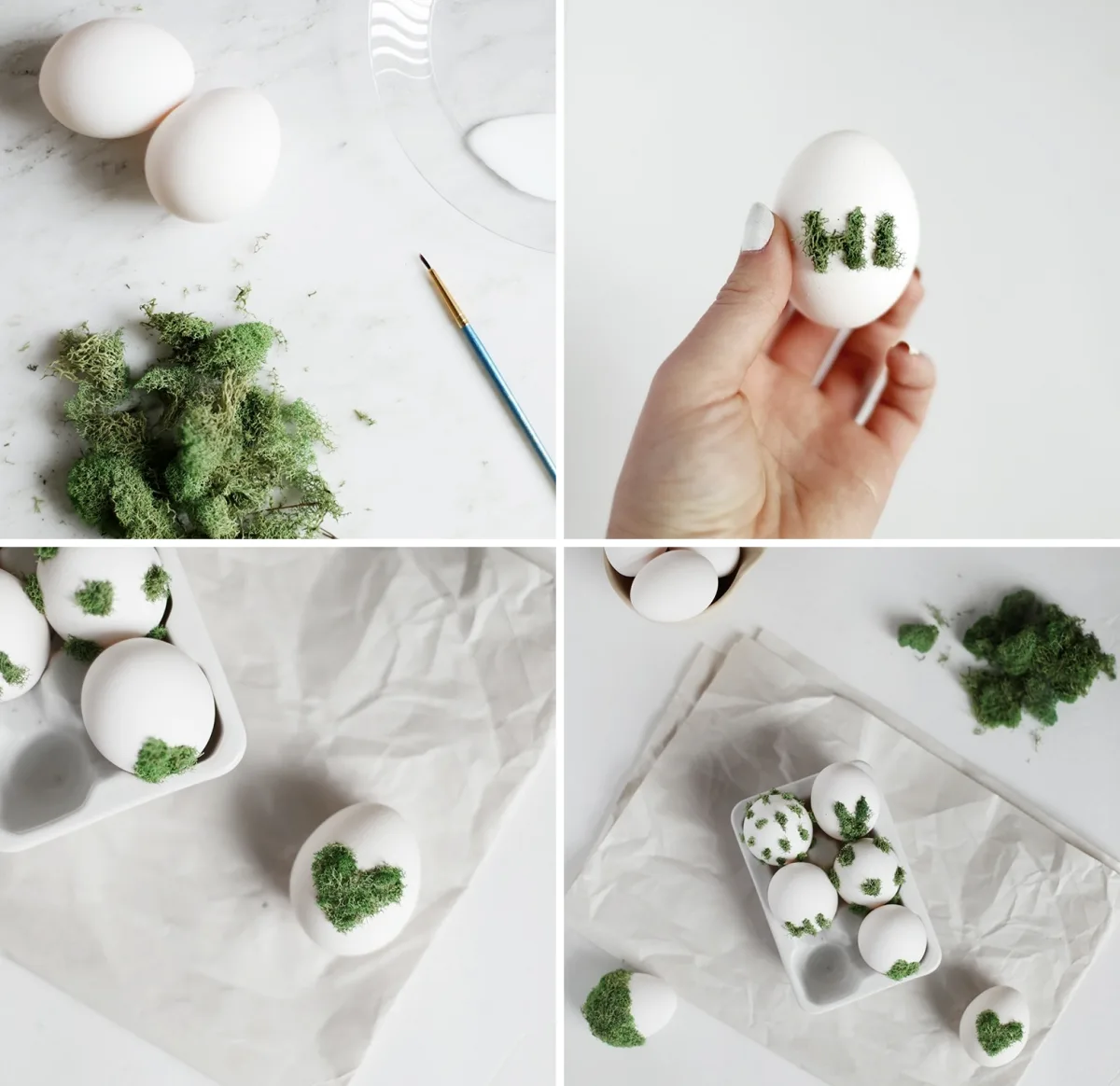 decoration mousse vegetale colle oeufs de paques minimaliste