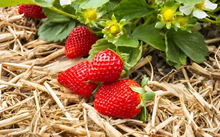 des fraises mures pretes a cueillir sur un sol recouvert de paillis de paille