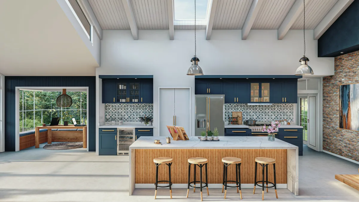 design cuisine moderne armoires bleu fonce ilot marbre et bois