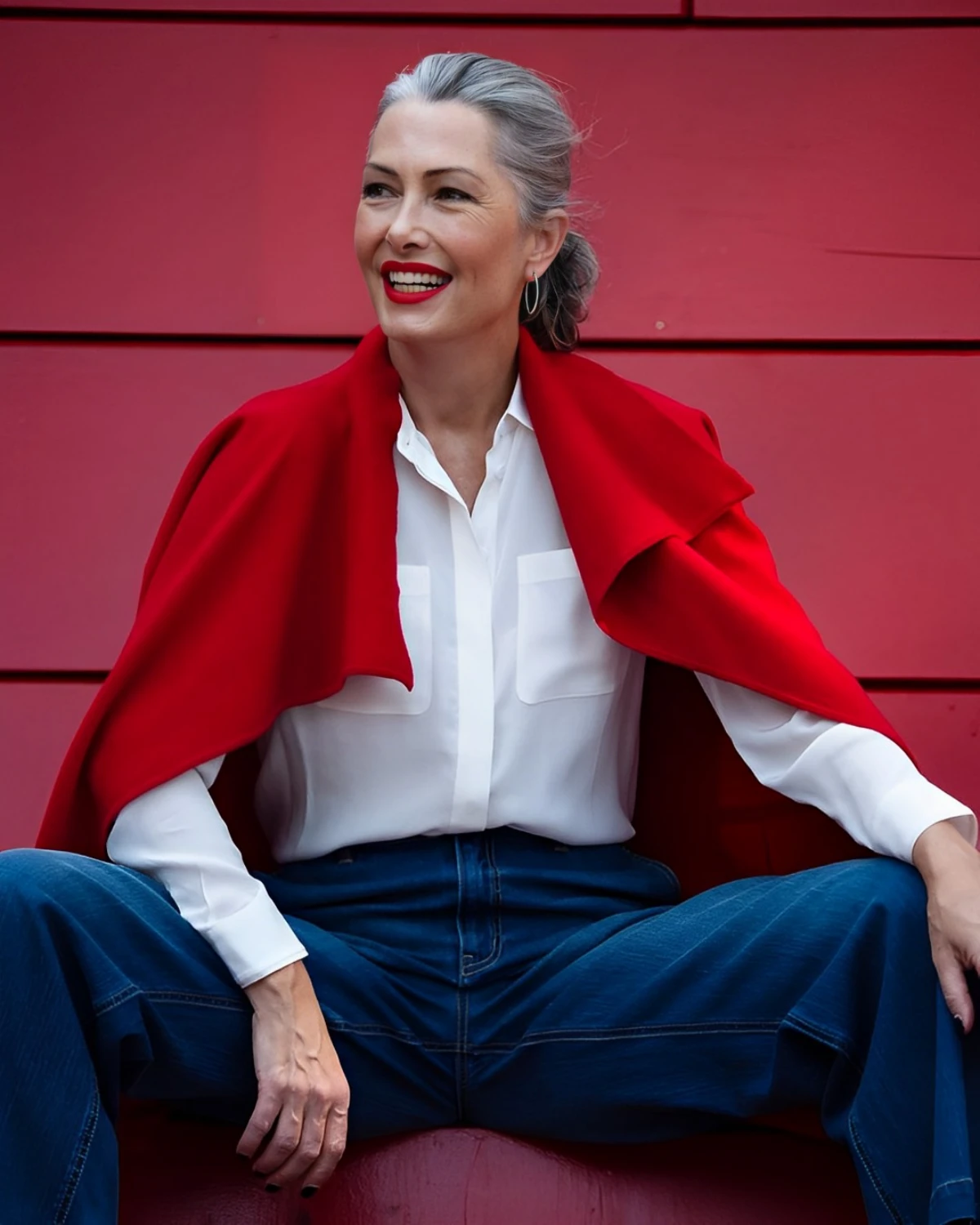 jean veste blanche echarpe rouge femme 60 ans tendance